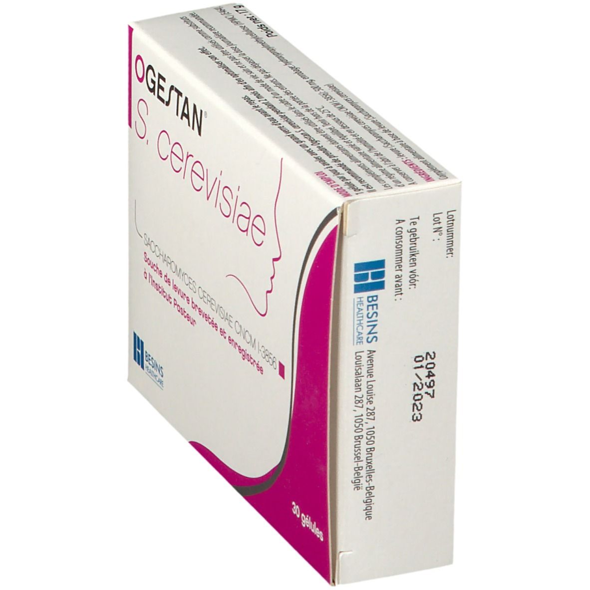 Doos OGESTAN S. cerevisiae, zijaanzicht. Roze accent, profiel. Tekst en logo.