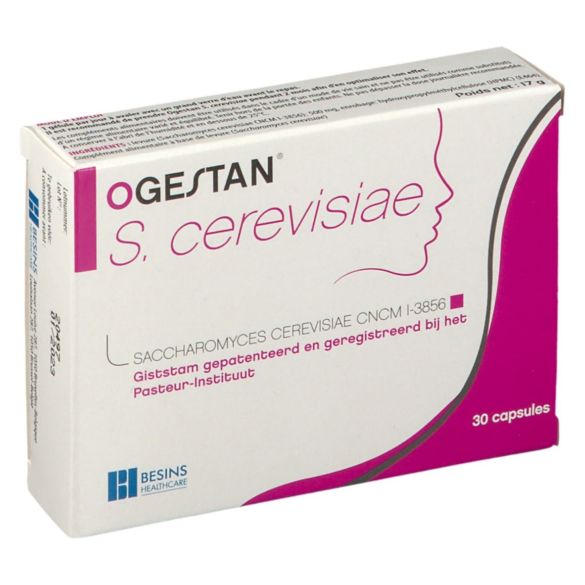 Doos OGESTAN S. cerevisiae. Roze accent, vrouwenprofiel. 30 capsules.