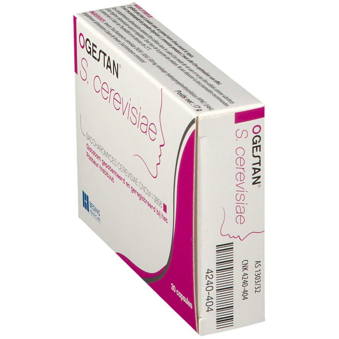 Doos OGESTAN S. cerevisiae, zijaanzicht. Roze accent, profiel. Tekst en logo.