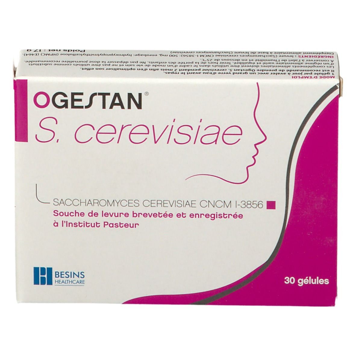 Doos OGESTAN S. cerevisiae. Roze accent, vrouwenprofiel. 30 capsules.