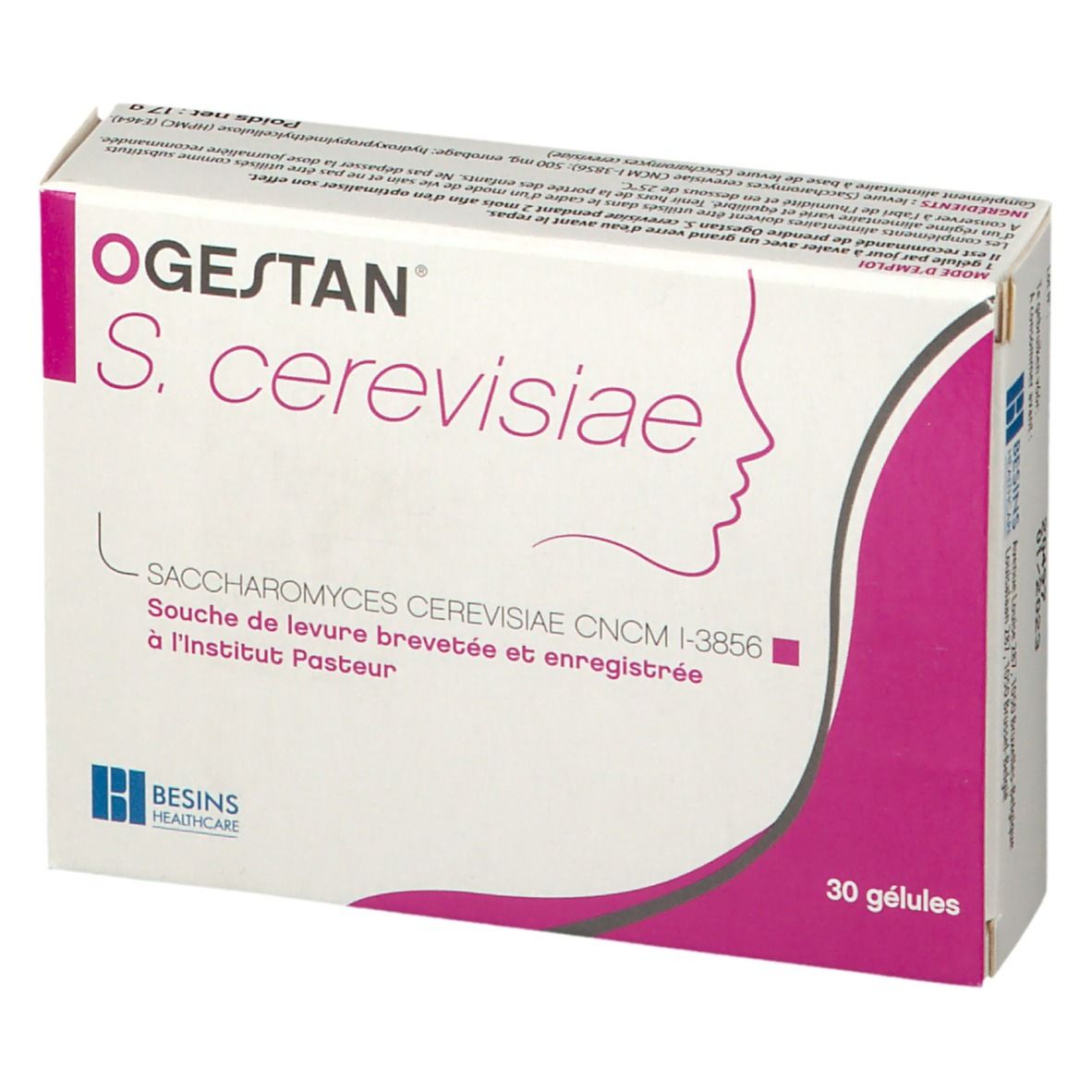 Doos OGESTAN S. cerevisiae. Roze accent, vrouwenprofiel. 30 capsules.