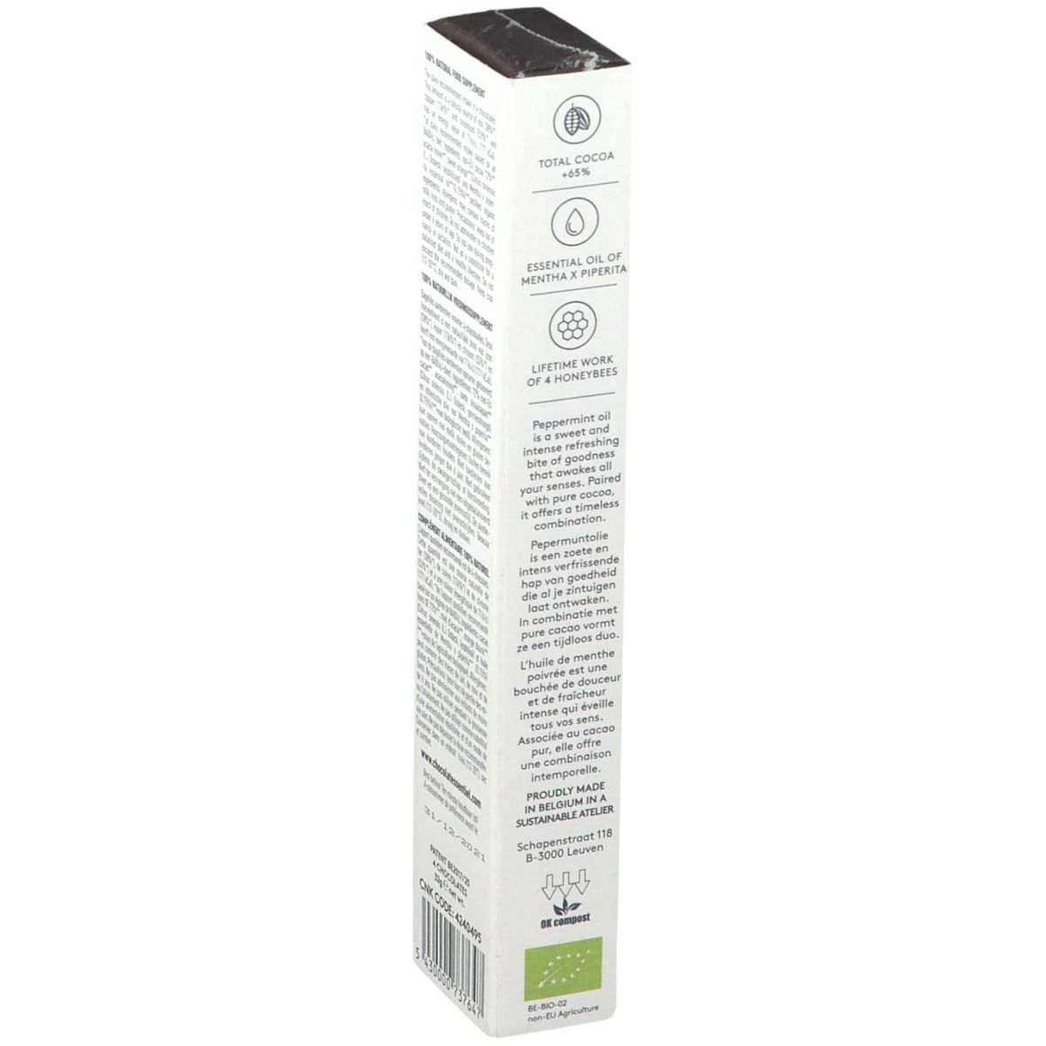 Achterkant van de doos "Healthful Belgian Chocolates Pfefferminz". Bevat informatie over ingrediënten en certificeringen.