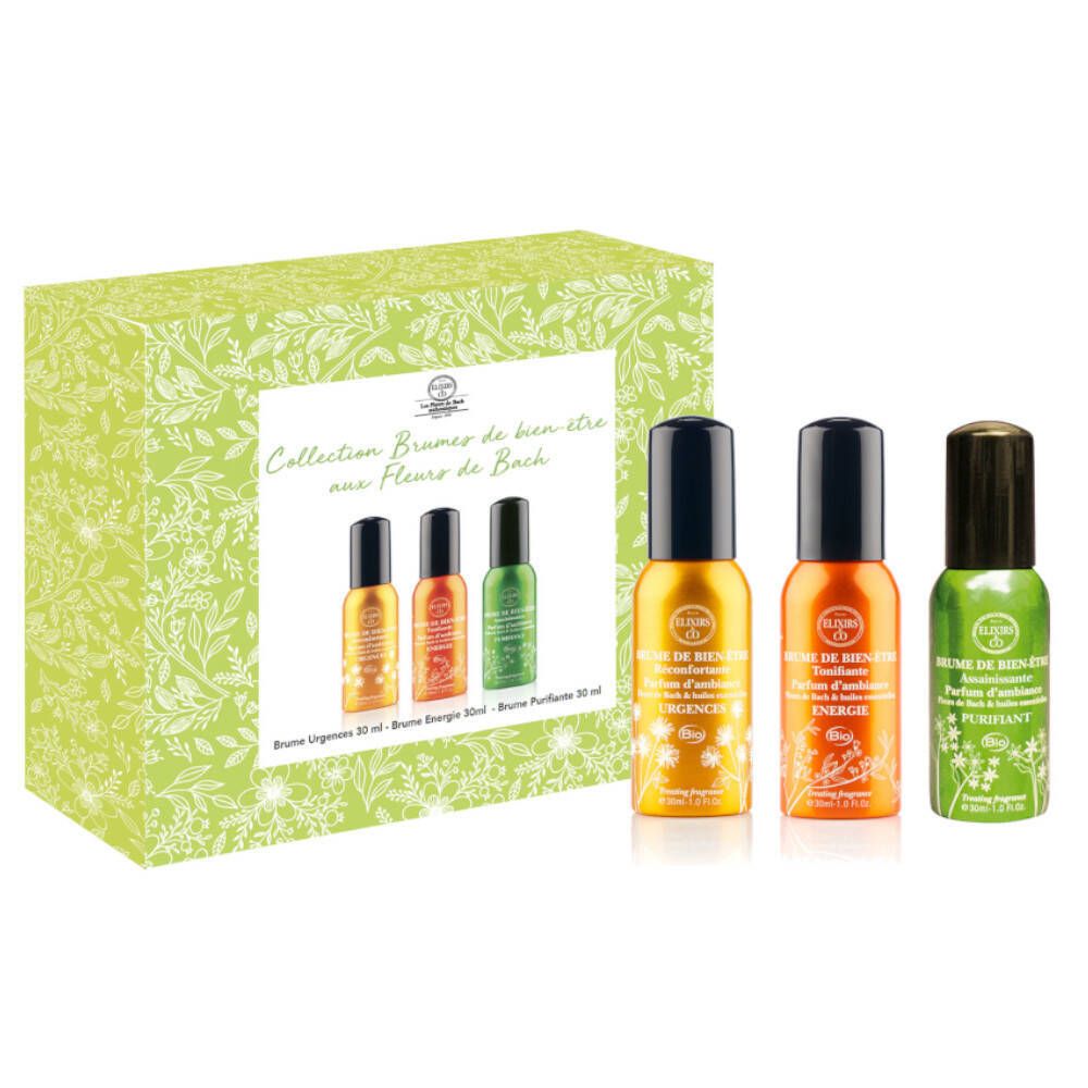 Coffret cadeau avec trois sprays. Inscription: Collection Brumes de bien-être aux Fleurs de Bach. Boîte verte.