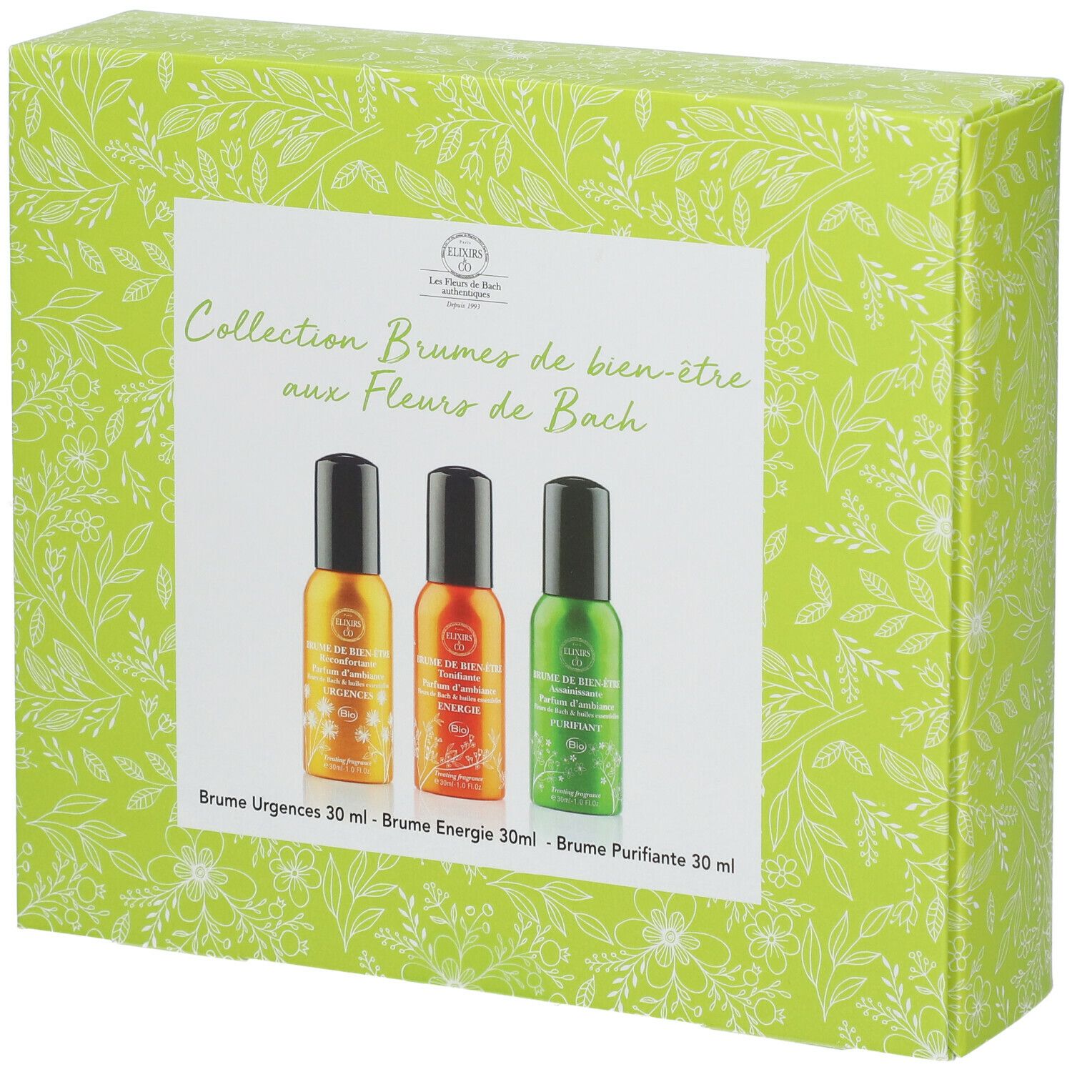 Boîte verte avec trois sprays. Inscription: Collection Brumes de bien-être aux Fleurs de Bach. En bas: Brume Urgences, Energie, Purifiante.