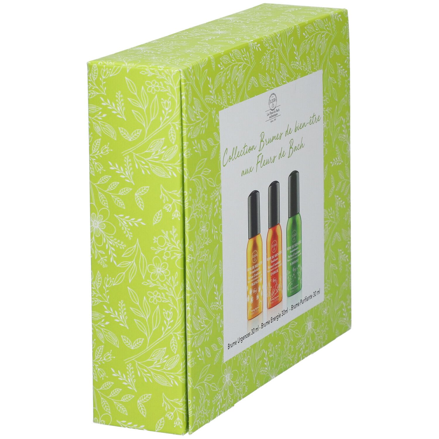 Boîte verte avec trois sprays. Inscription: Collection Brumes de bien-être aux Fleurs de Bach. En bas: Brume Urgences, Energie, Purifiante.