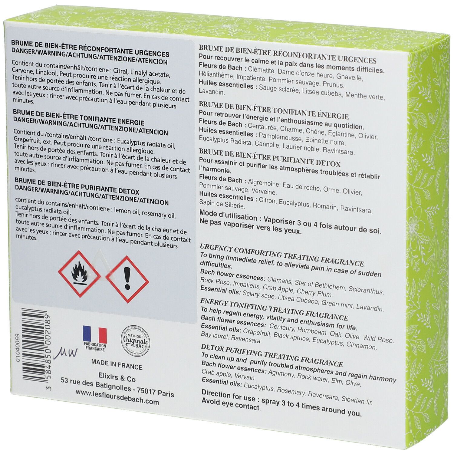 Boîte verte avec trois sprays. Inscription: Collection Brumes de bien-être aux Fleurs de Bach. En bas: Brume Urgences, Energie, Purifiante.
