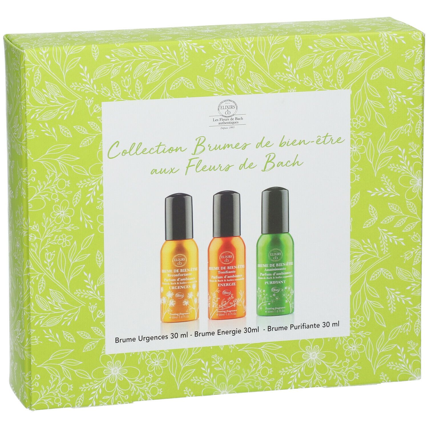 Coffret cadeau avec trois sprays. Inscription: Collection Brumes de bien-être aux Fleurs de Bach. Boîte verte.