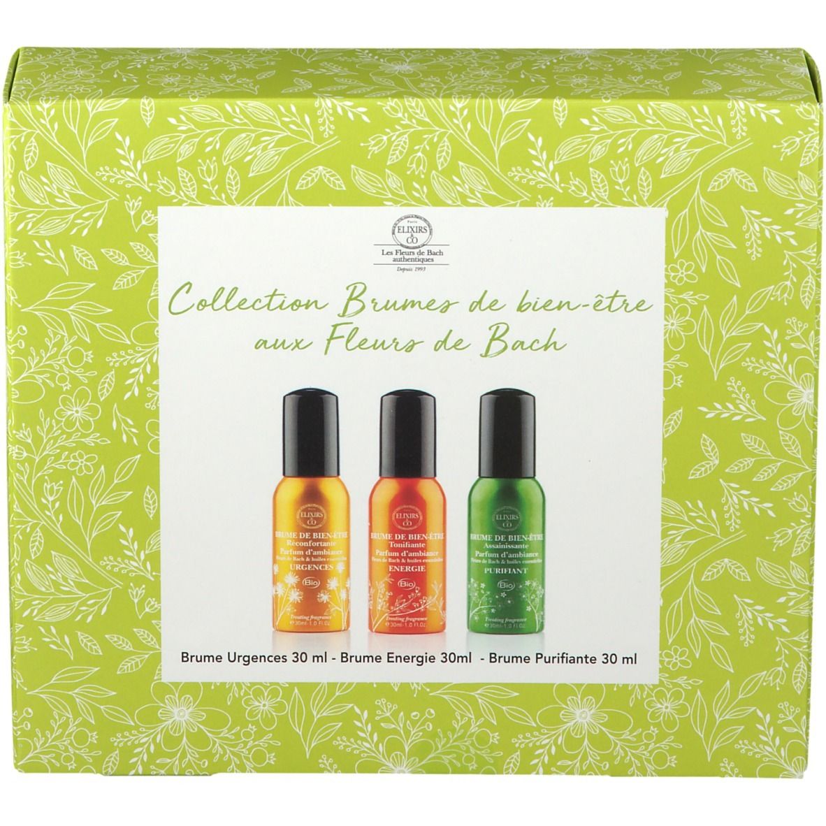 Boîte verte avec trois sprays. Inscription: Collection Brumes de bien-être aux Fleurs de Bach. En bas: Brume Urgences, Energie, Purifiante.