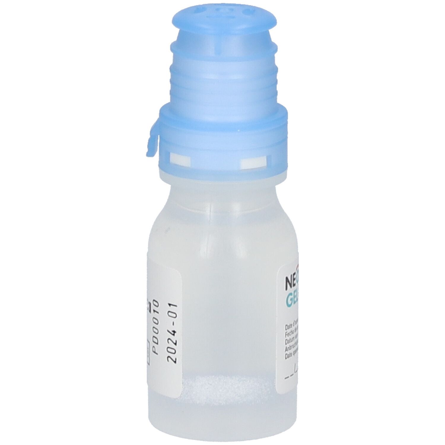Kleine, transparante fles met blauwe dop. Opschrift: NEOVIS GEL multi. Met datumindicaties.