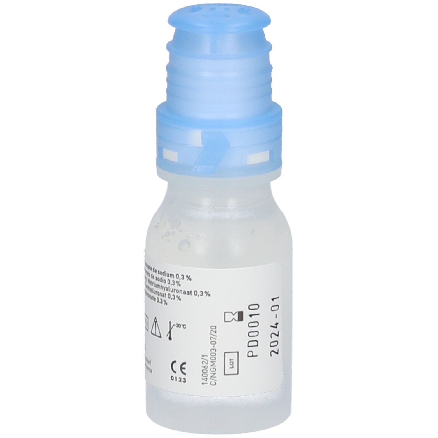 Kleine, transparante fles met blauwe dop. Opschrift: NEOVIS GEL multi. Met informatie en lotnummer.