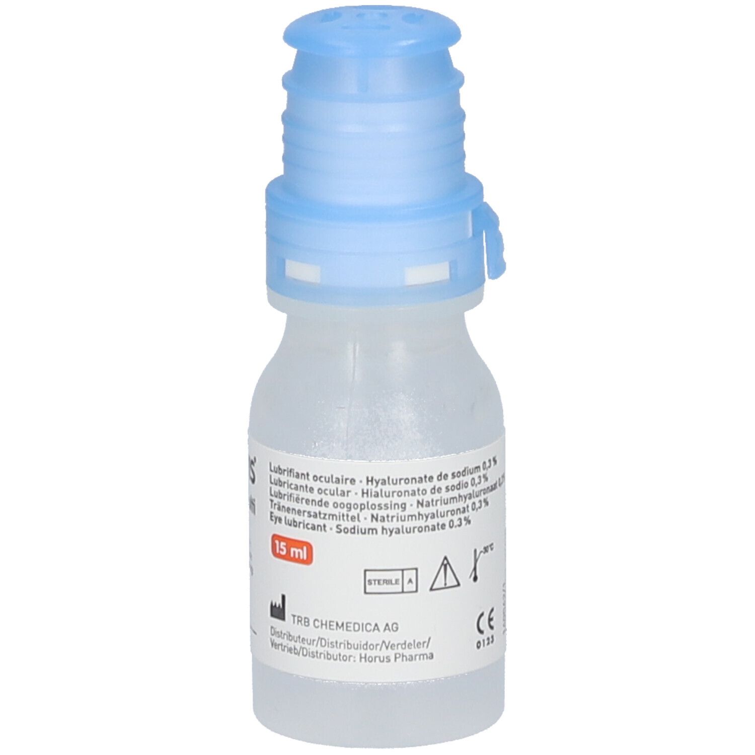Kleine, transparante fles met blauwe dop. Opschrift: NEOVIS GEL multi. Met informatie en fabrikant.