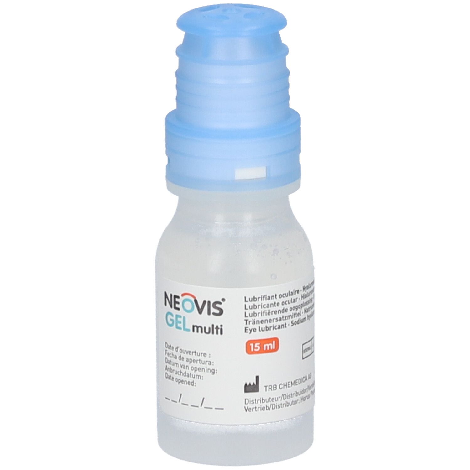 Kleine, transparante fles met blauwe dop. Opschrift: NEOVIS GEL multi. Bevat 15 ml.