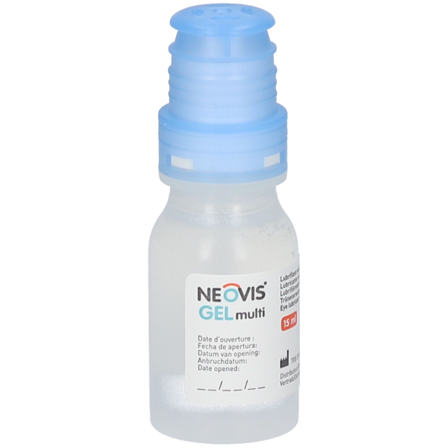 Kleine, transparante fles met blauwe dop. Opschrift: NEOVIS GEL multi. Bevat 15 ml.