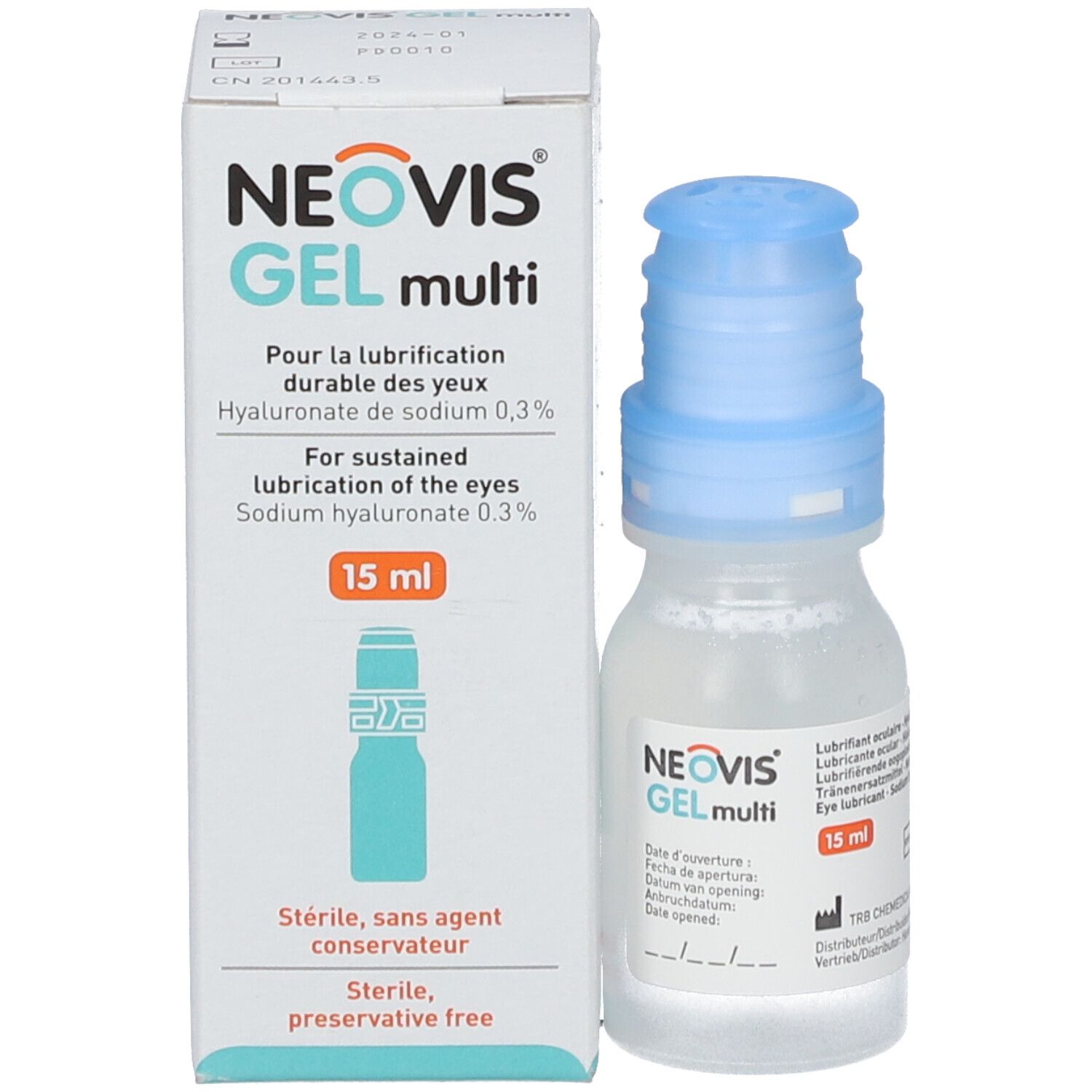 NEOVIS GEL multi fles en verpakking. Opschrift: Voor duurzame bevochtiging van de ogen. 15 ml.