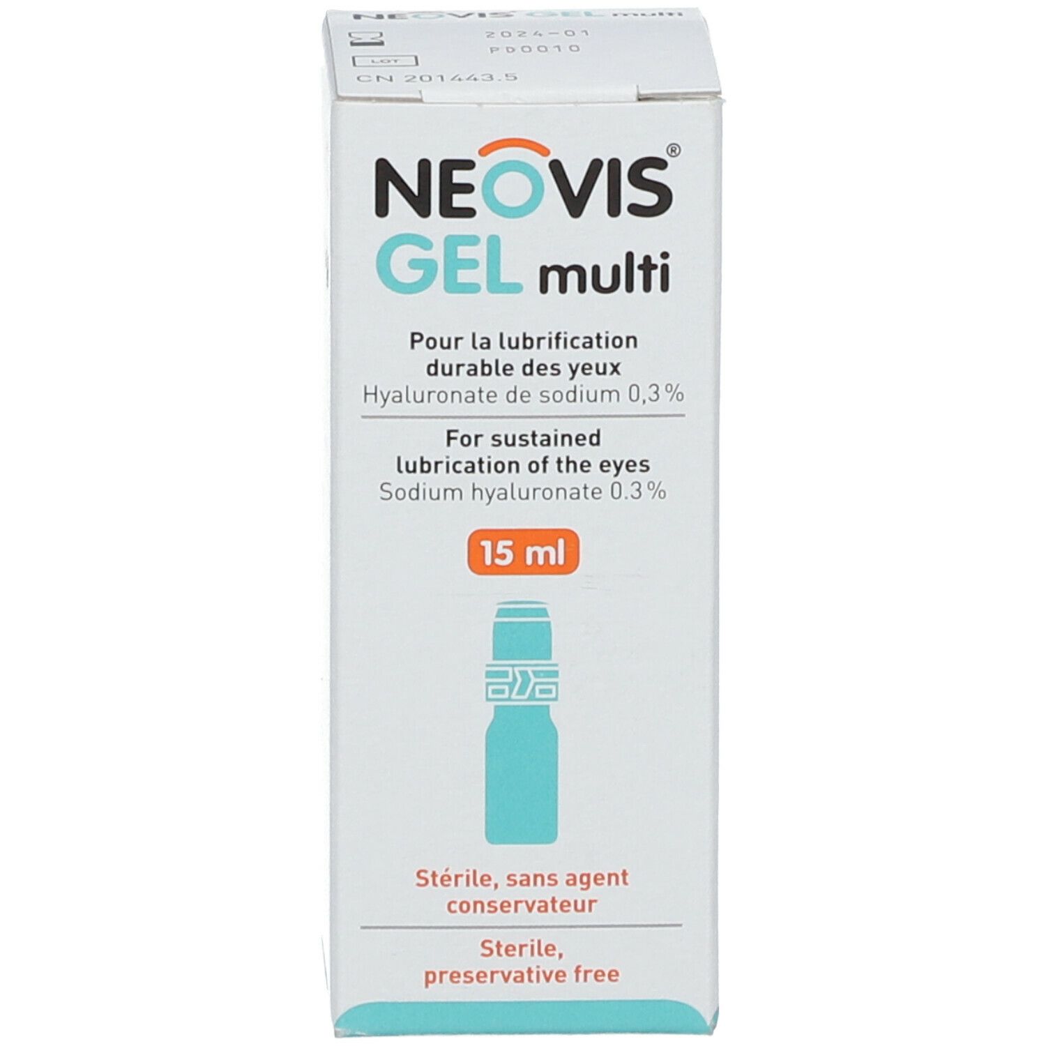 NEOVIS GEL multi verpakking. Opschrift: Voor duurzame bevochtiging van de ogen. 15 ml. Illustratie van een fles.