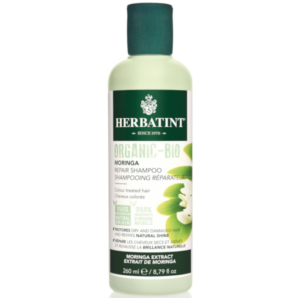 Groene fles Herbatint Moringa Repair Shampoo. Groene dop en etiket. Bevat biologisch moringa-extract.