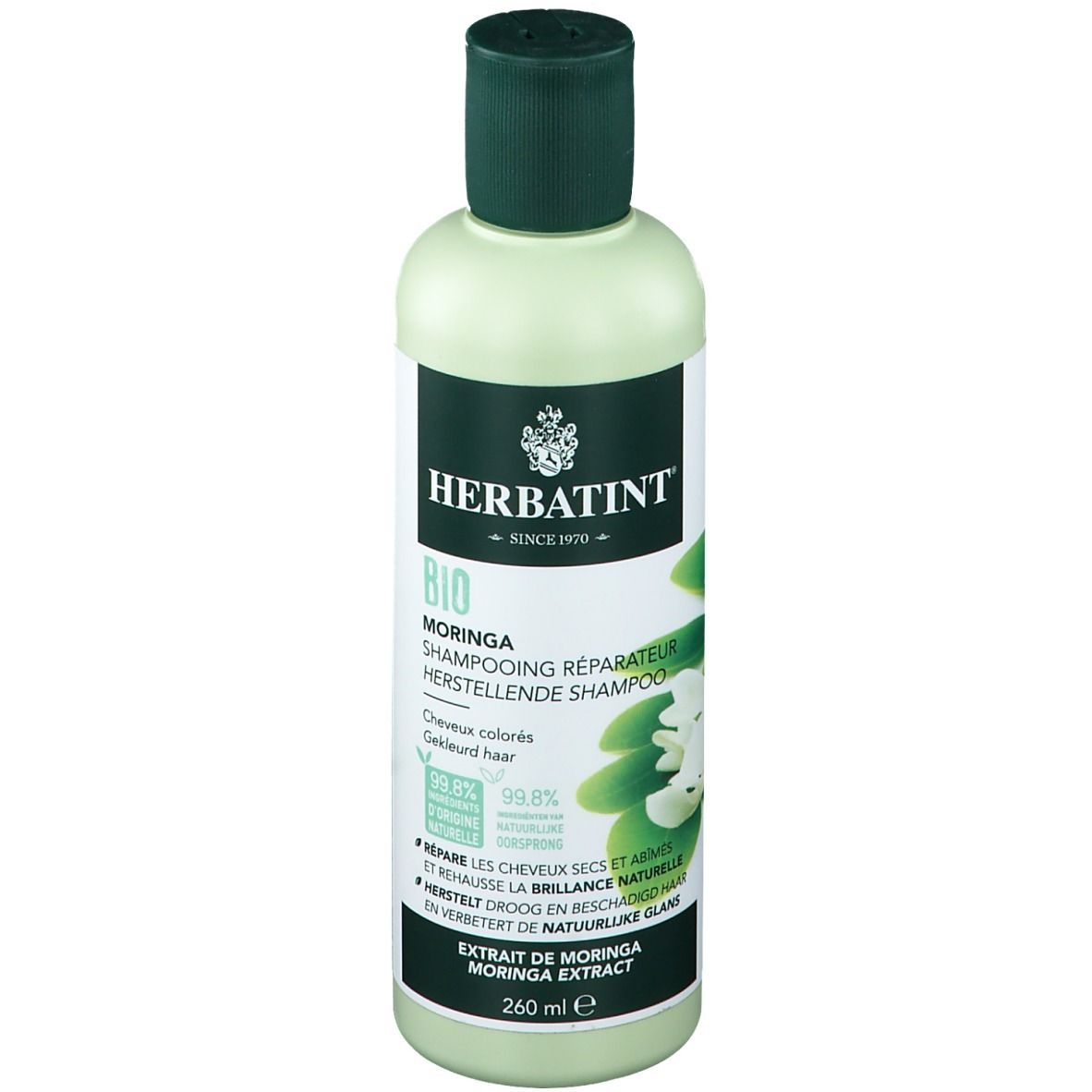 Achterkant van de Herbatint Moringa Repair Shampoo fles. Tekstinformatie en ingrediënten zichtbaar.