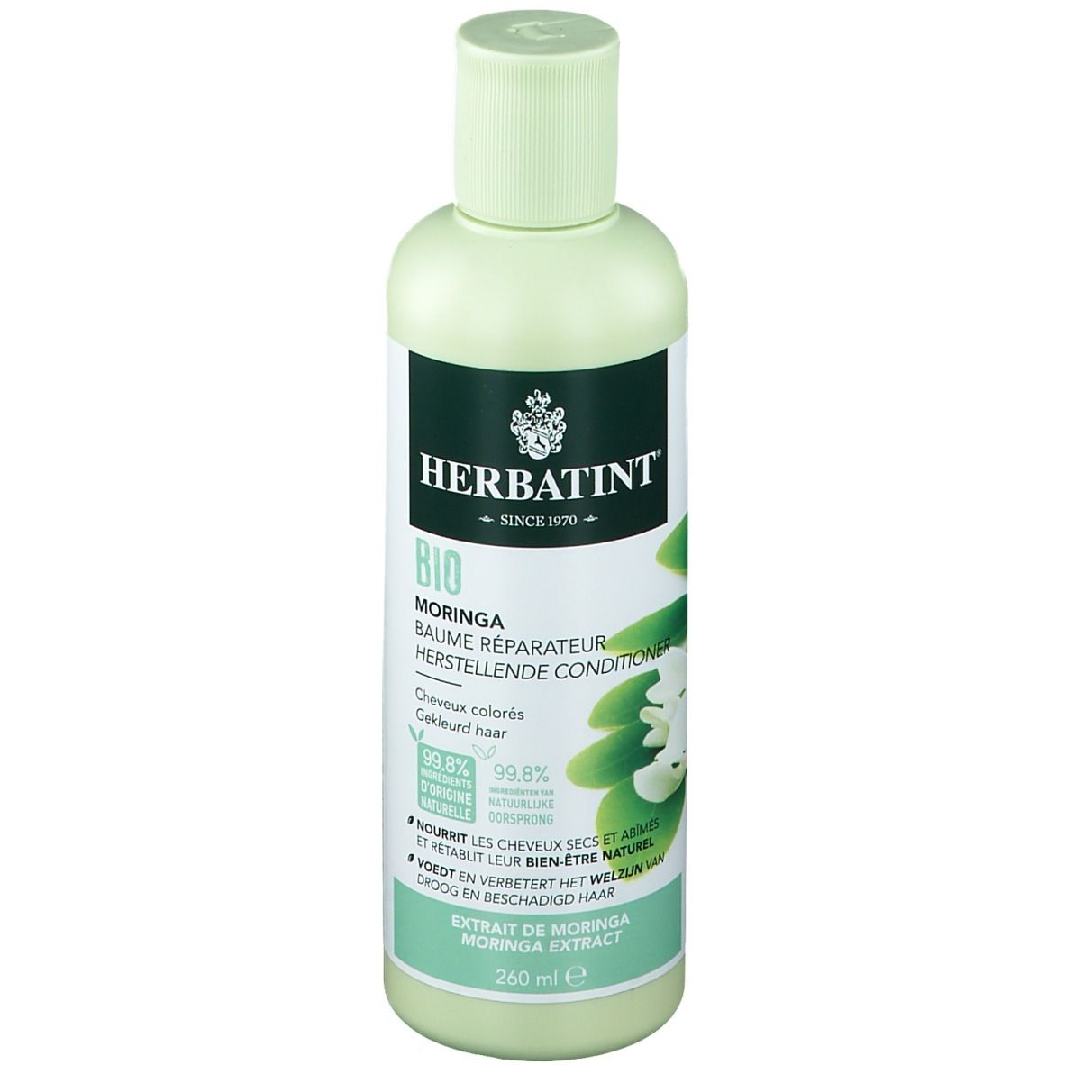 Lichtgroene fles met Herbatint-logo en tekst. Bevat Moringa Herstellende Conditioner Bio. 260 ml.