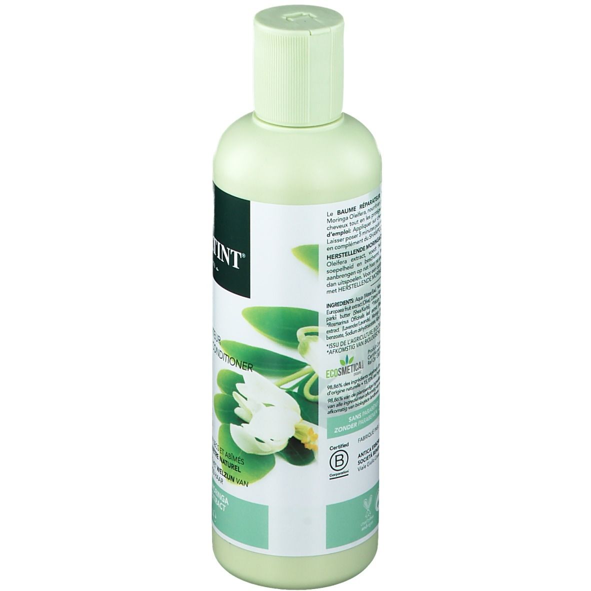Achterkant van de lichtgroene fles. Tekst en logo's, waaronder Ecocert Cosmos Organic.