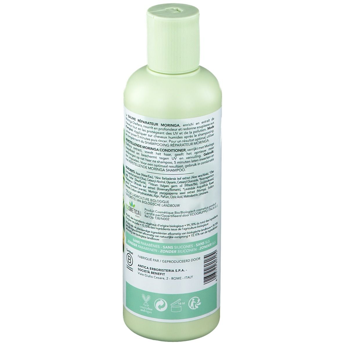 Achterkant van de lichtgroene fles. Tekst en logo's, waaronder Ecocert Cosmos Organic.