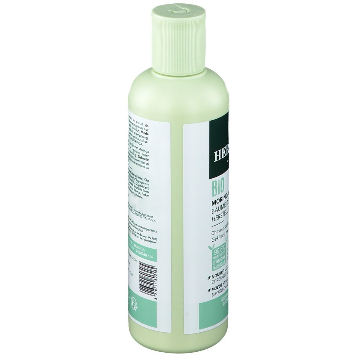 Achterkant van de lichtgroene fles. Tekst en logo's, waaronder Ecocert Cosmos Organic.