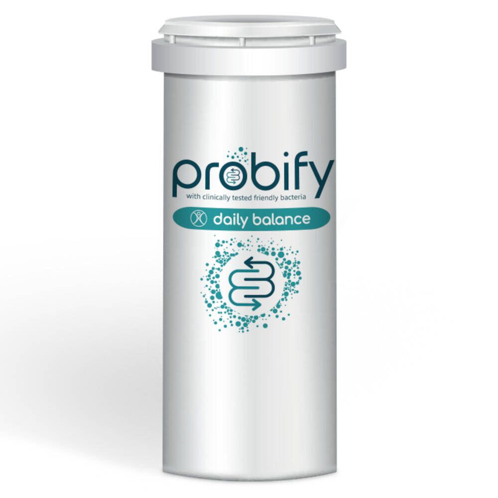 Witte cilindrische fles met blauw etiket. Opschrift: probify daily balance. Met schroefdop.