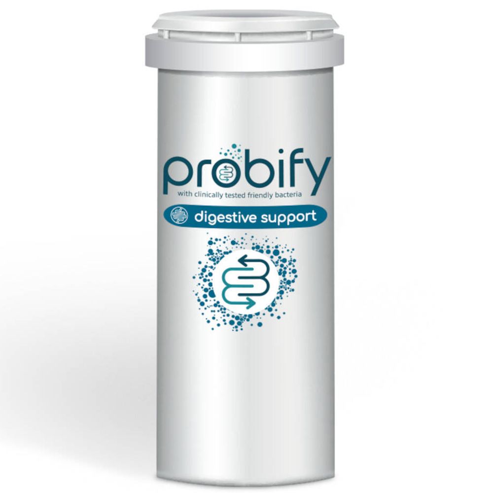 Zylindrische, weiße Flasche mit blauem „Probify Digestive Support“-Logo. Oben ein weißer Deckel.