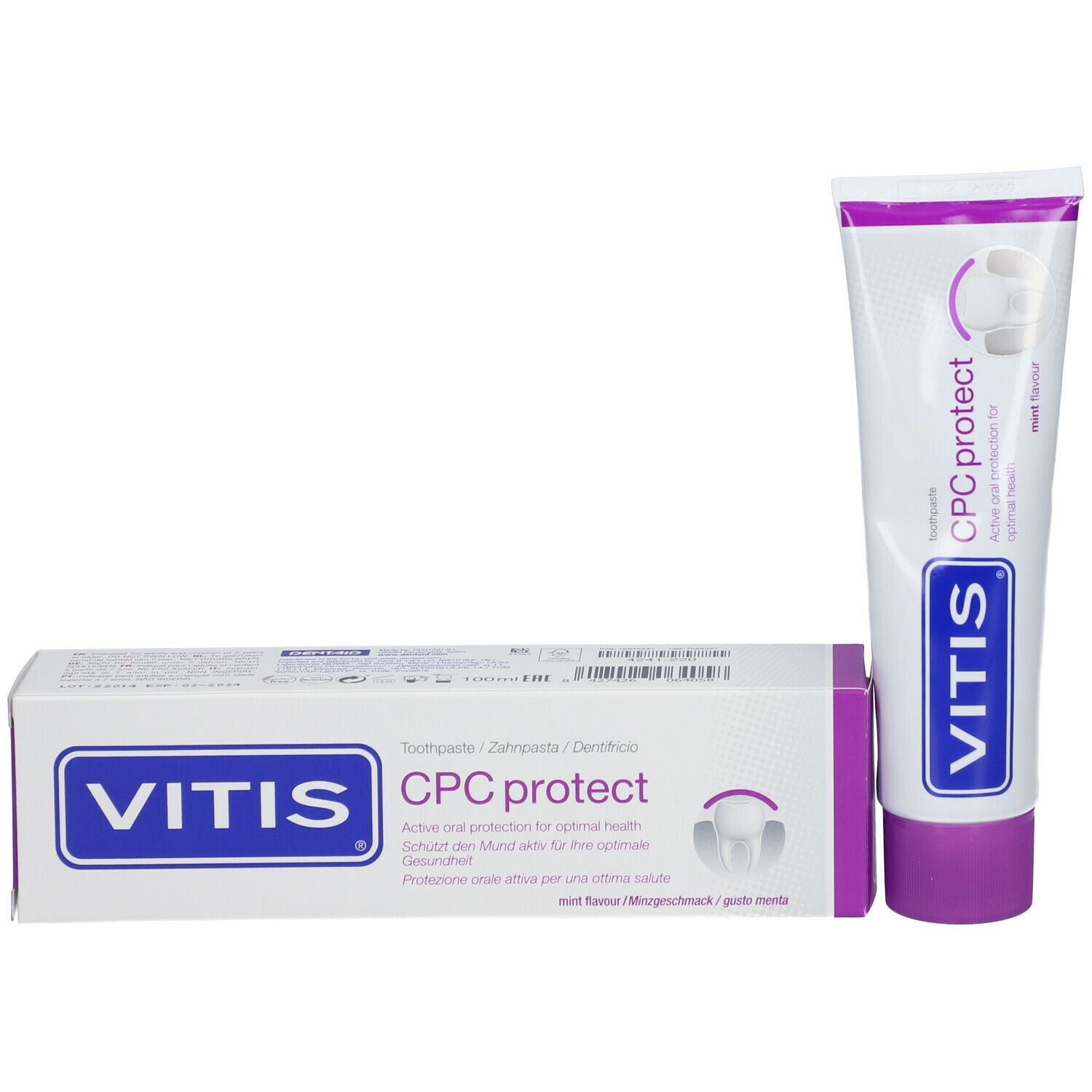 Tandpastatube en doosje. VITIS CPC protect. Logo en productnaam duidelijk zichtbaar. Muntsmaak.