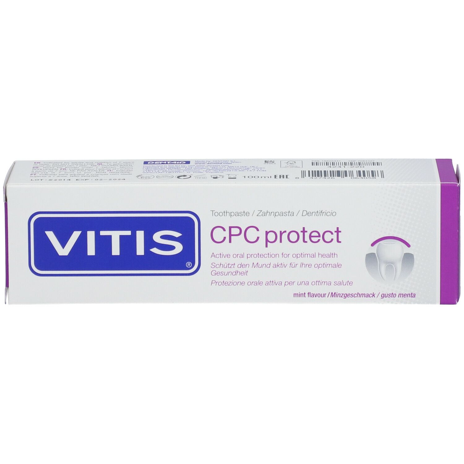 Tandpastadoosje, wit met paarse accenten. VITIS CPC protect. Logo en productnaam duidelijk zichtbaar.