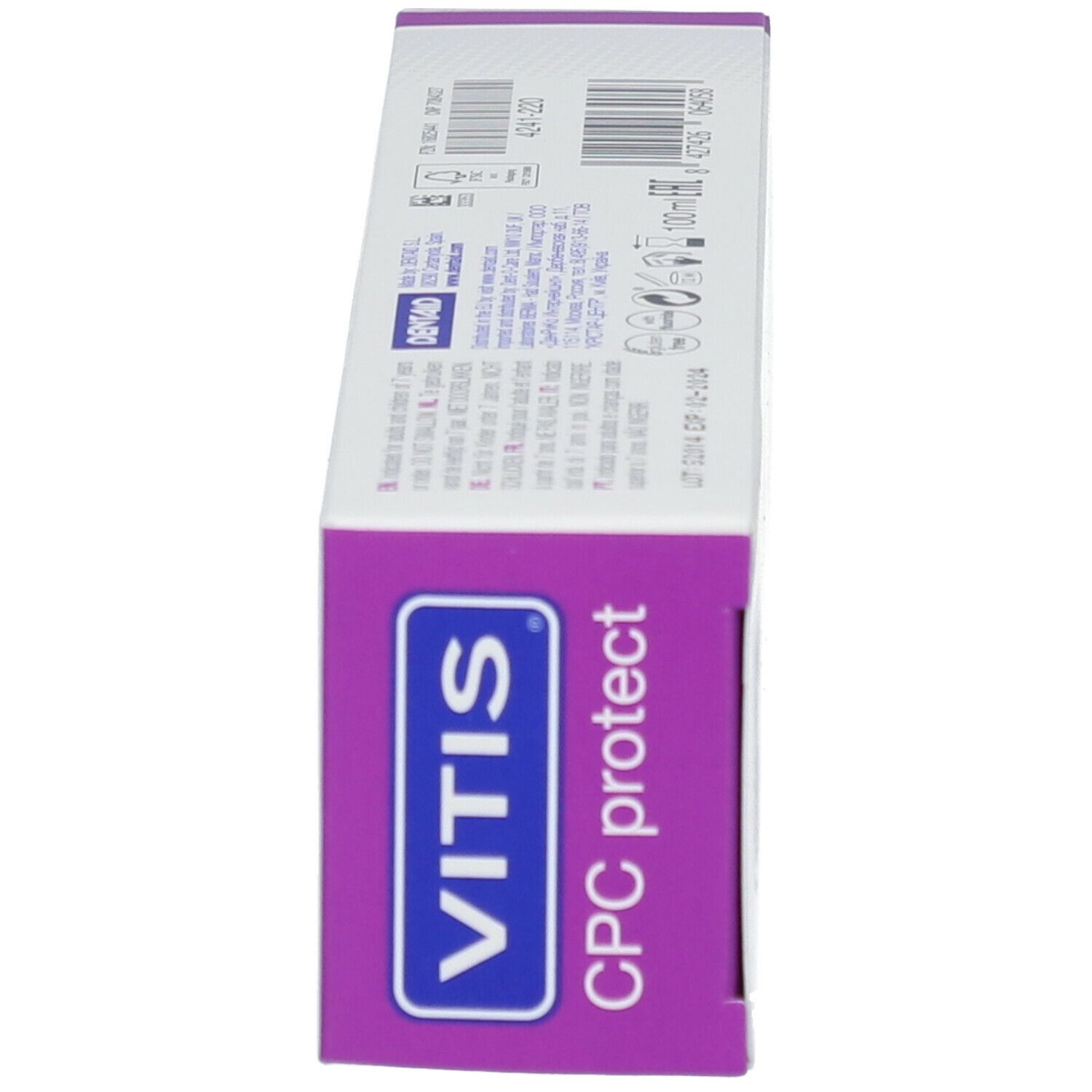 Zijaanzicht van de tandpastadoos. VITIS CPC protect. Logo en productnaam duidelijk zichtbaar. Meertalige tekst.