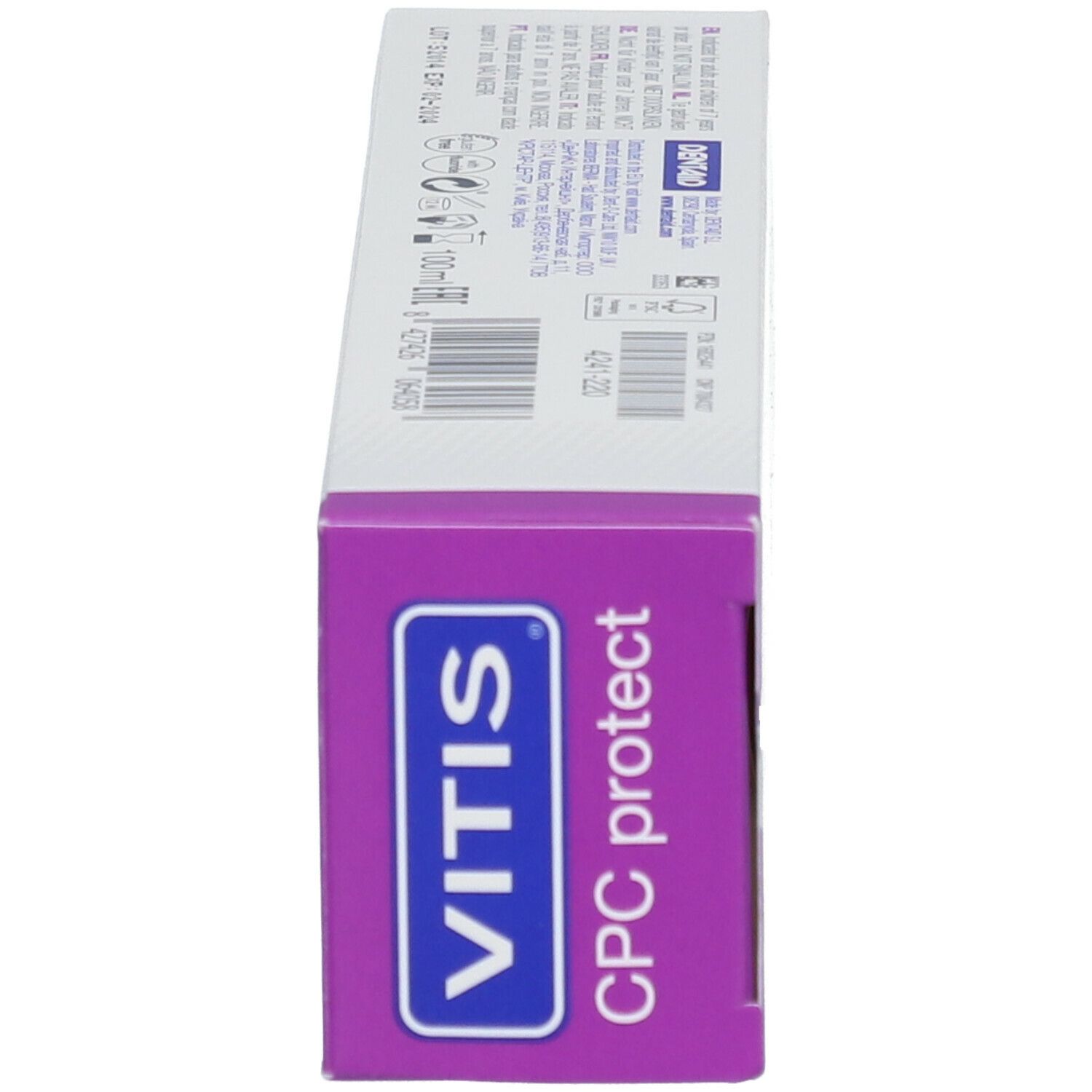 Tandpastadoosje, zijaanzicht. VITIS CPC protect. Logo en productnaam duidelijk zichtbaar. Meertalige tekst.