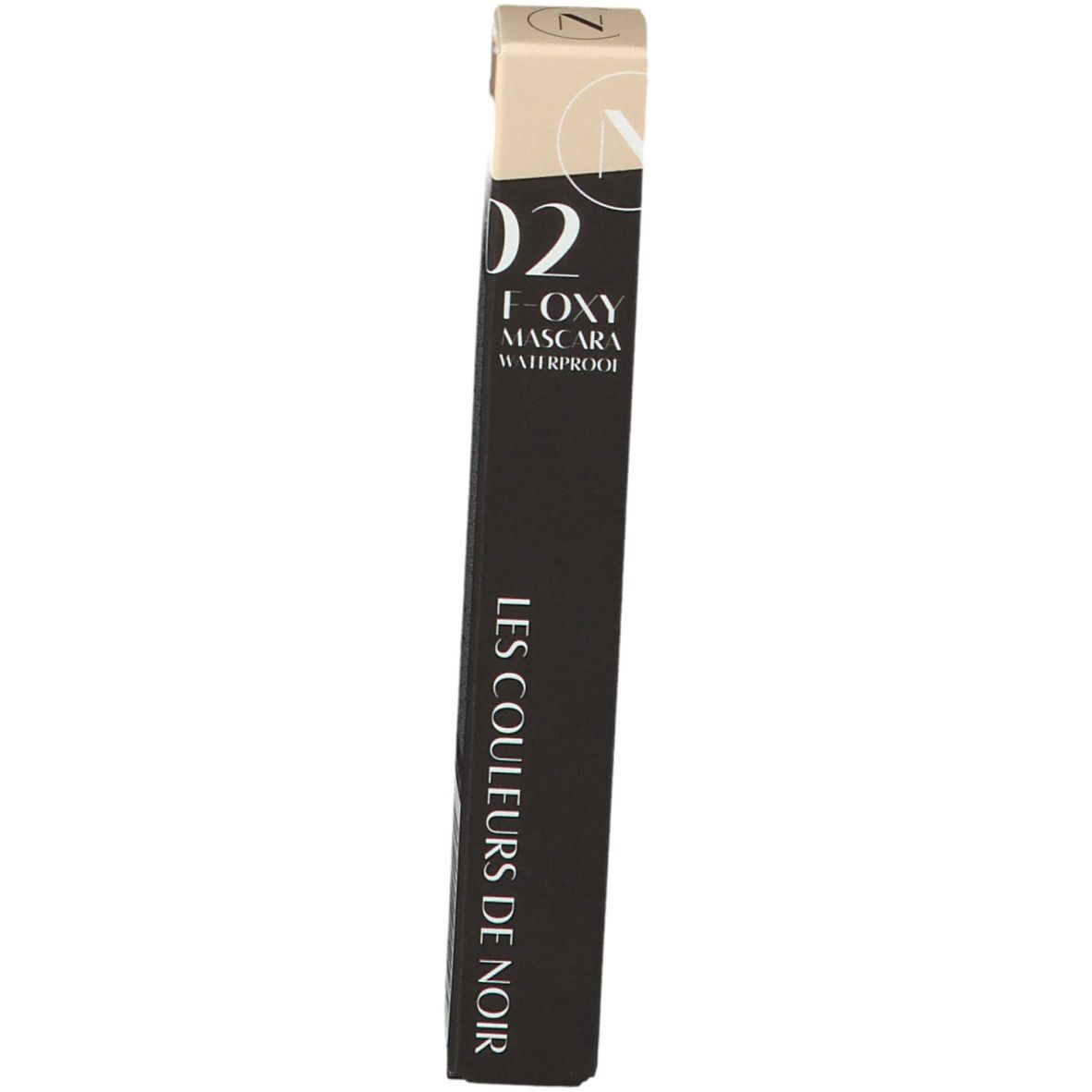 Schwarze Mascara-Verpackung. Aufschrift: LES COULEURS DE NOIR, Foxy Mascara Waterproof 02.