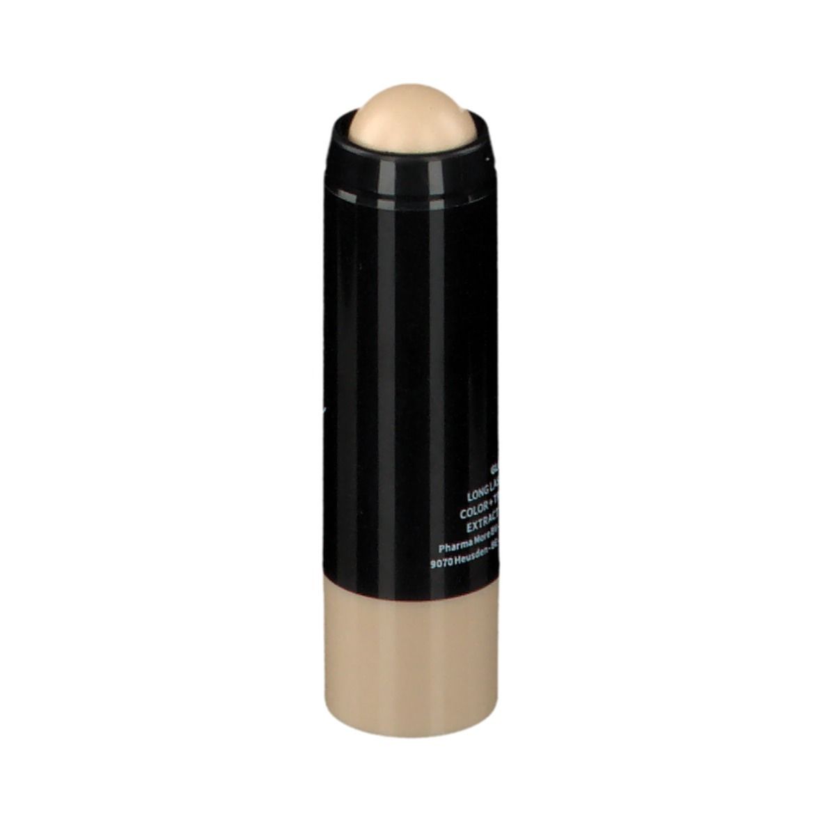 Glow Stick. Zwarte stick met beige uiteinde en crèmekleurige kop. Tekst op de stick.