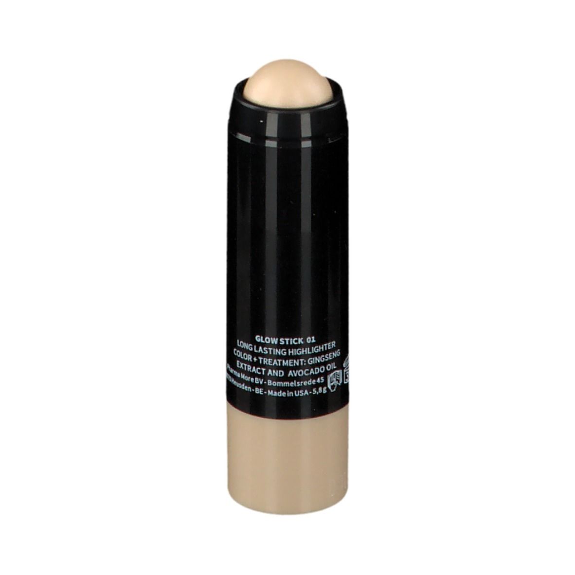 Glow Stick. Zwarte stick met beige uiteinde en crèmekleurige kop. Tekst op de stick.