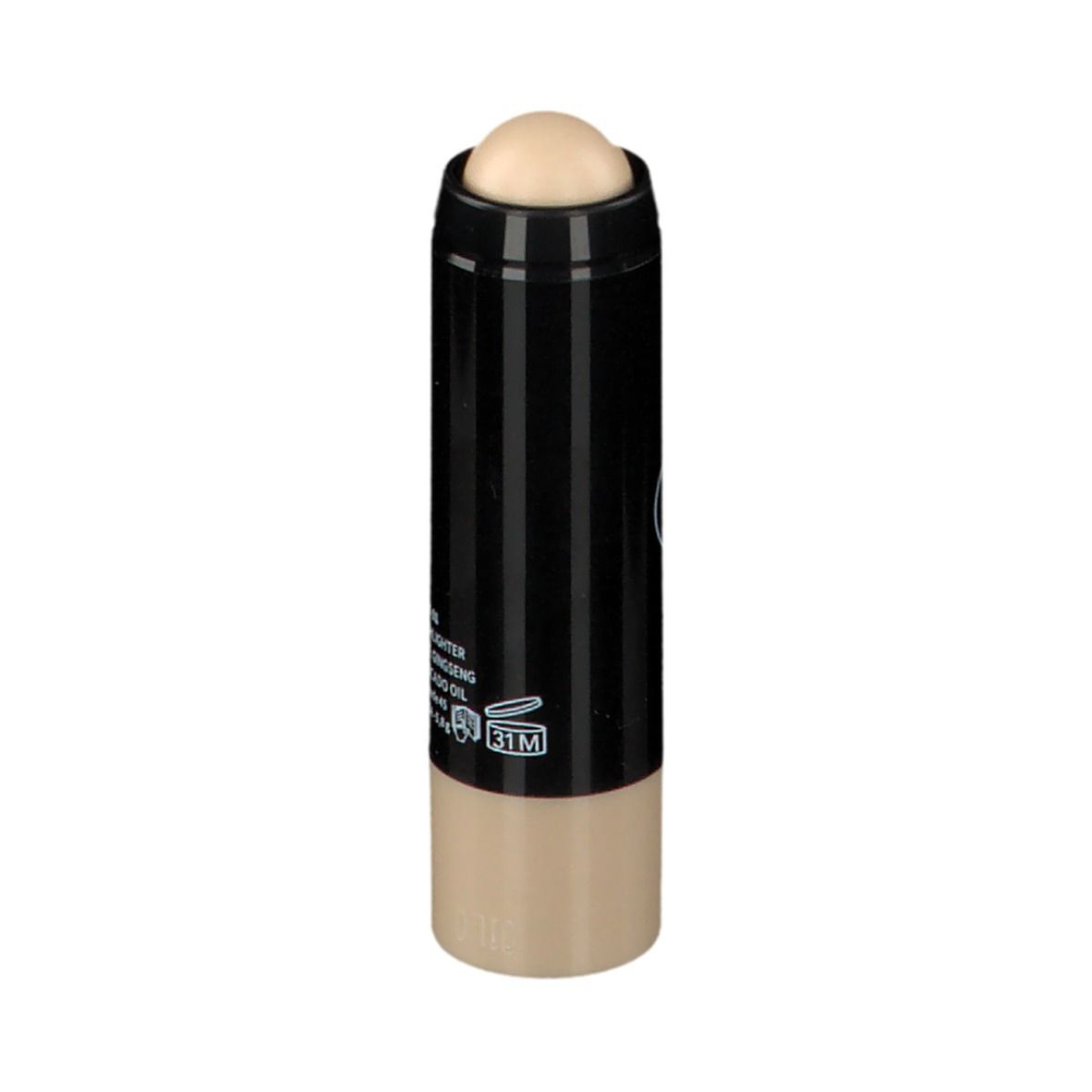 Glow Stick. Zwarte stick met beige uiteinde en crèmekleurige kop. Tekst op de stick.