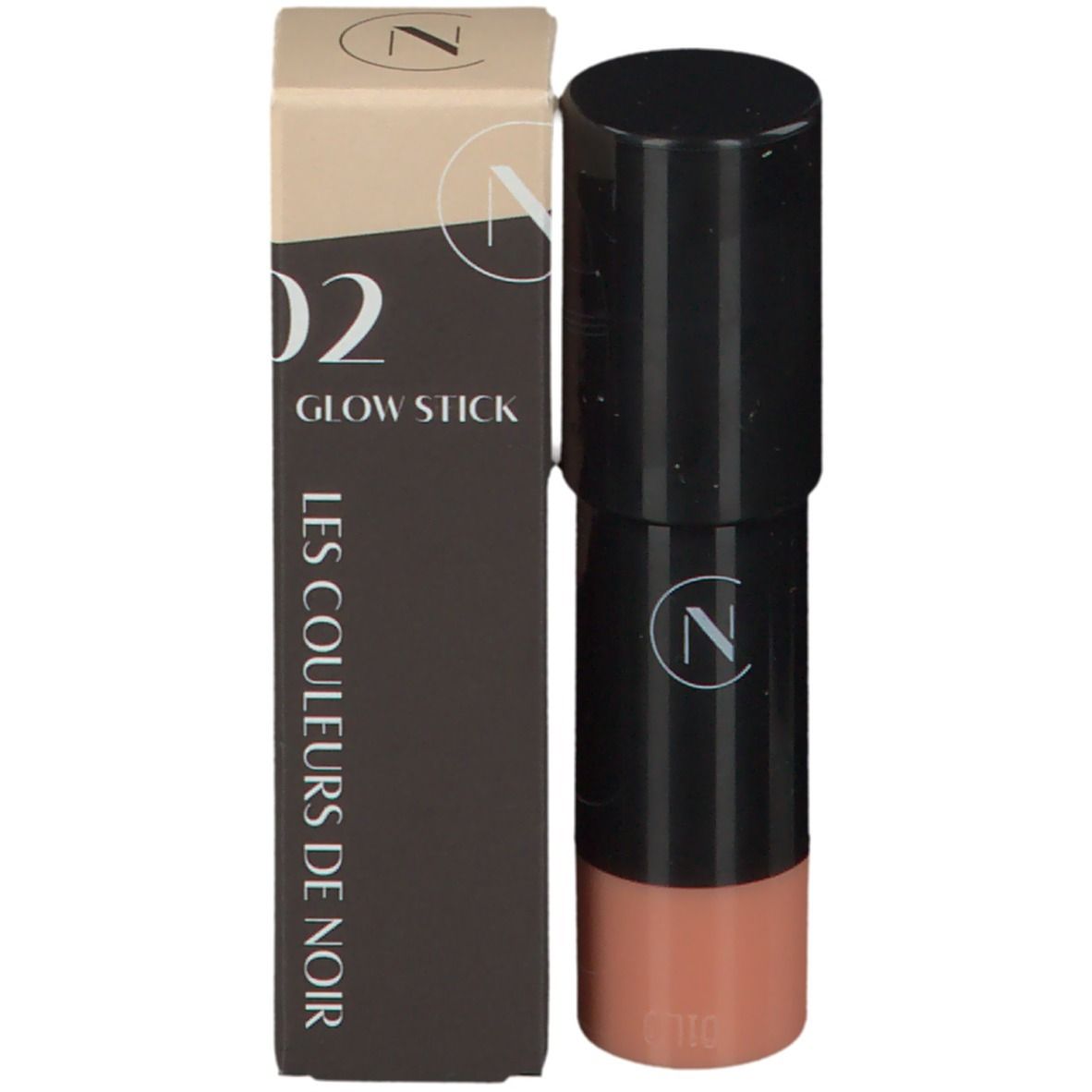 Glow Stick et emballage. Bâton noir avec capuchon noir et logo N. Emballage avec logo et nom du produit.