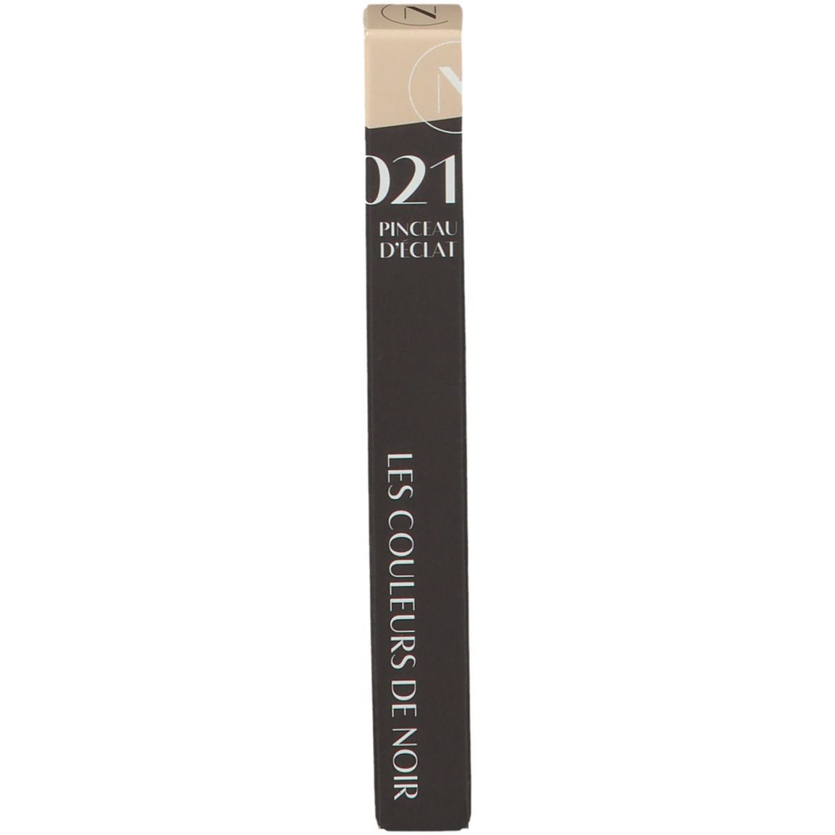 Verpakking. Beige en zwart. Tekst: LES COULEURS DE NOIR, Pinceau d'Eclat 021.