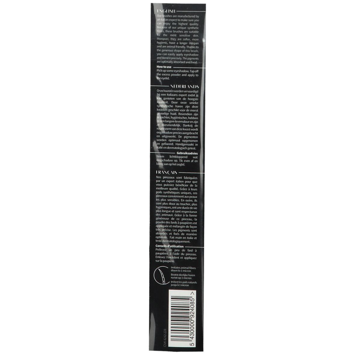 Rückseite der Verpackung. Text in Englisch, Niederländisch und Französisch. Barcode unten.