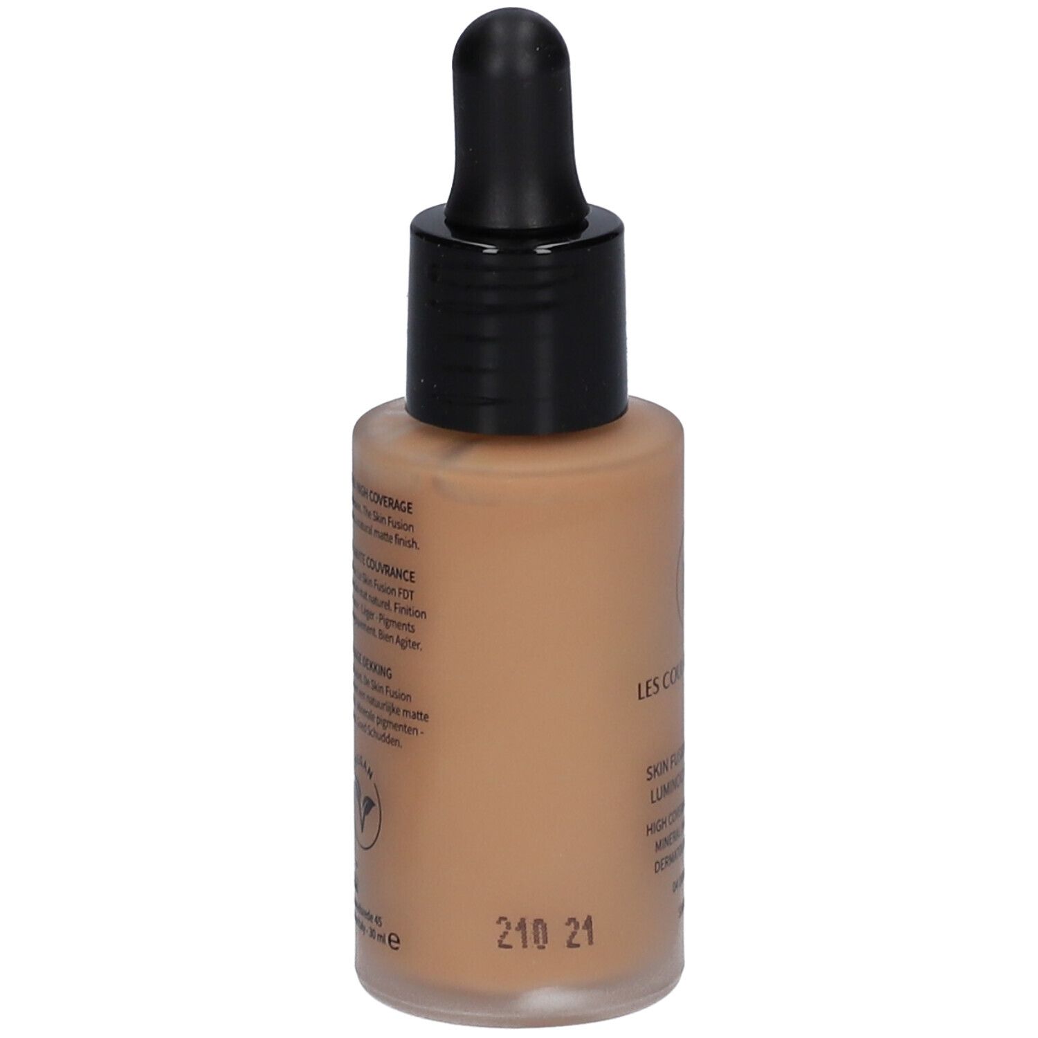 Les Couleurs de Noir Skin Fusion Foundation. Rückseite der Flasche. Farbton 04 Double Latte. Vegan, dermatologisch getestet.