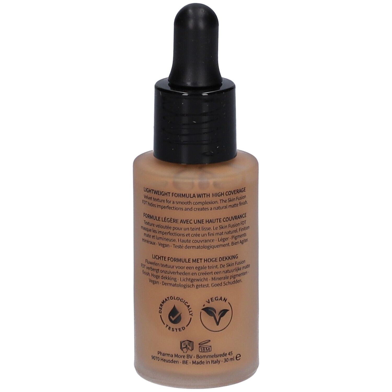 Les Couleurs de Noir Skin Fusion Foundation. Rückseite der Flasche. Vegan, dermatologisch getestet. Made in Italy. 30 ml.