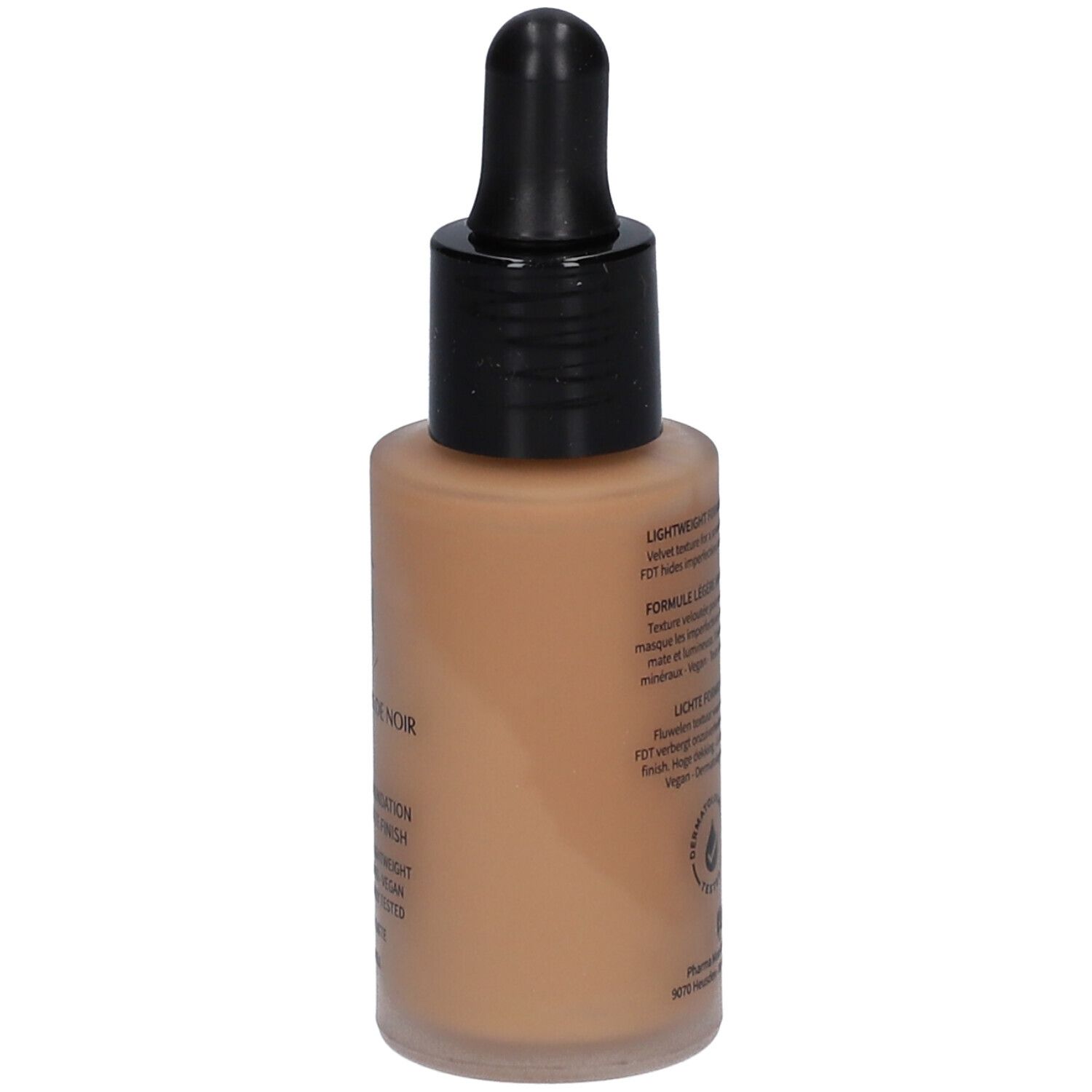 Les Couleurs de Noir Skin Fusion Foundation. Rückseite der Flasche. Vegan, dermatologisch getestet. Made in Italy. 30 ml.