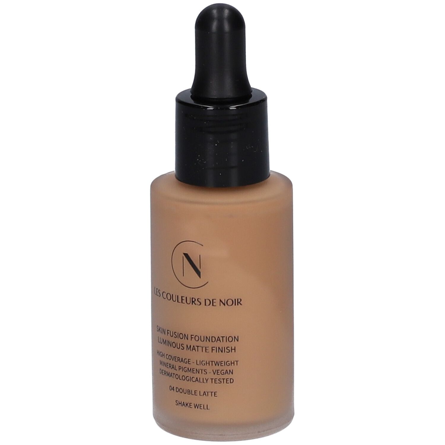 Les Couleurs de Noir Skin Fusion Foundation. Flasche mit Applikator. Farbton 04 Double Latte. Vegan, dermatologisch getestet.