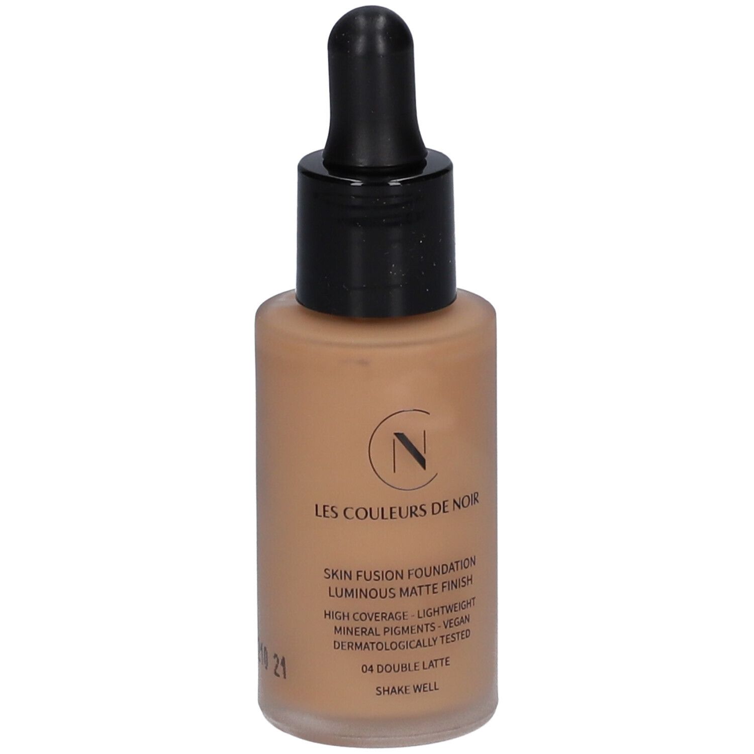 Les Couleurs de Noir Skin Fusion Foundation. Flasche mit Applikator. Farbton 04 Double Latte. Vegan, dermatologisch getestet.