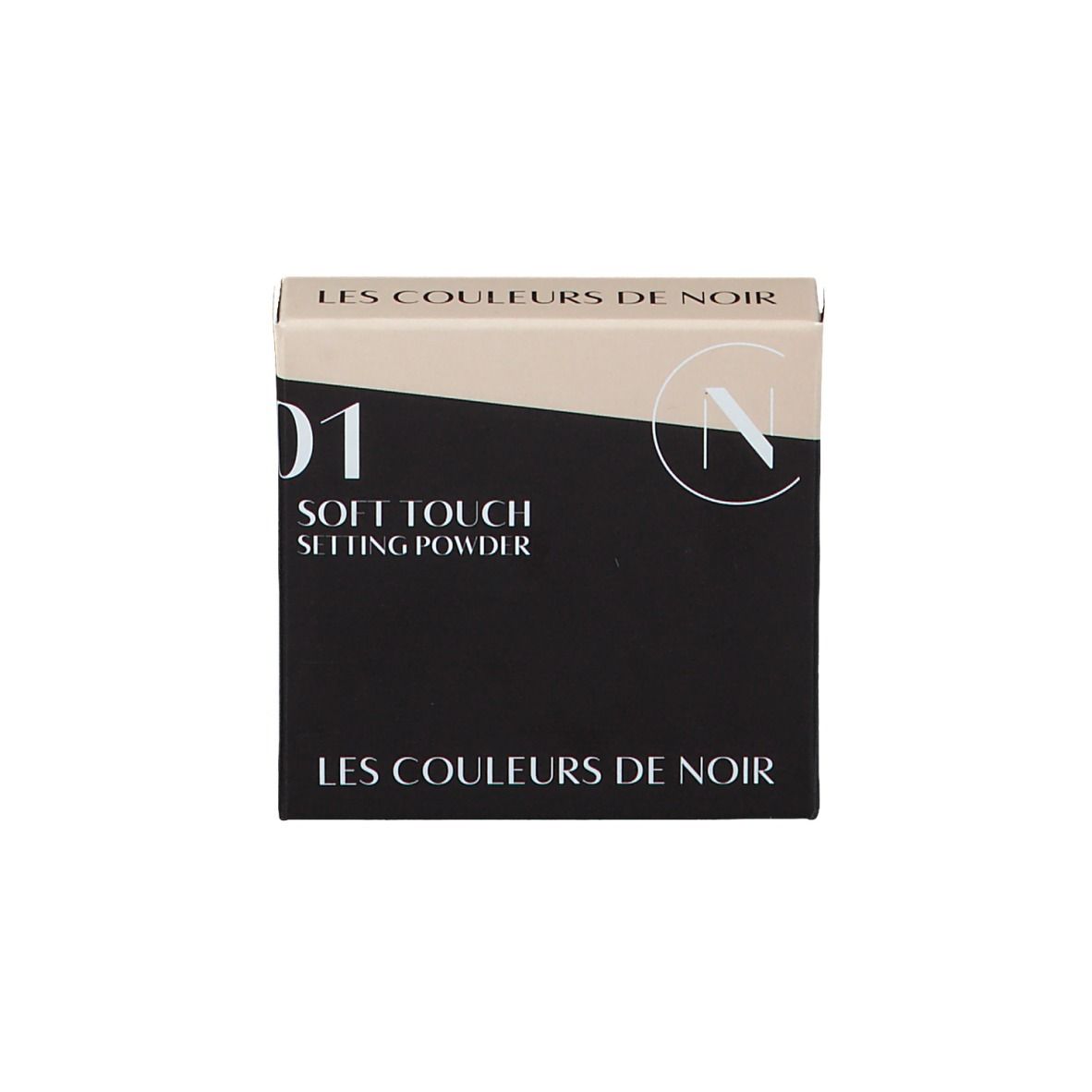 Zwarte doos met tekst: Les Couleurs de Noir, Soft Touch Setting Powder en logo.