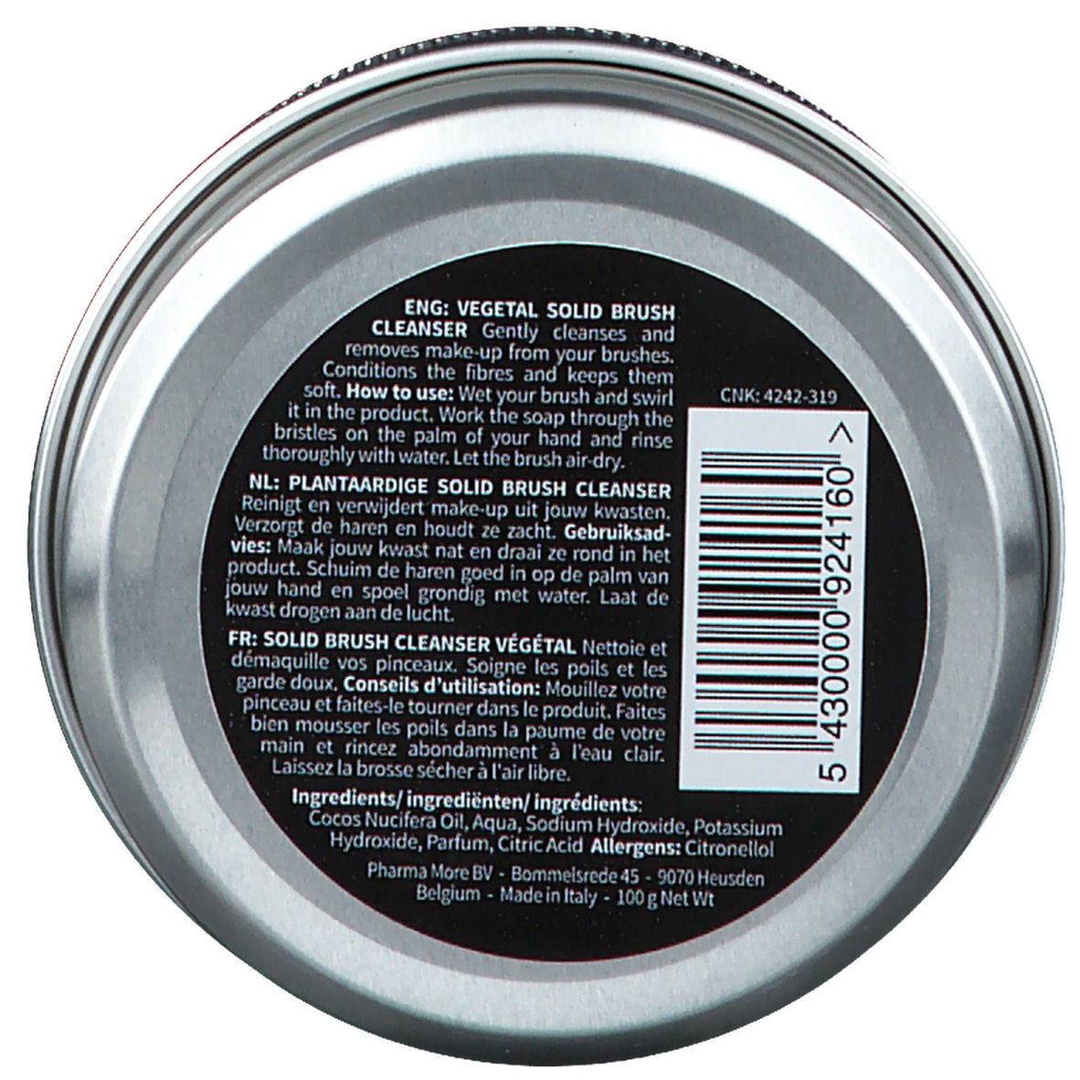Silberfarbene Dose mit Text. Text in Englisch, Niederländisch und Französisch. Barcode und Text 'CNK: 4242-319'.