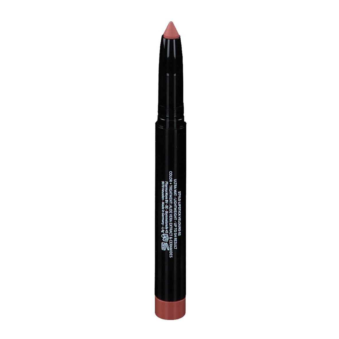 Lippenstift in Stiftform, Farbe: Rosa-Braun. Schwarzer Stift mit Aufschrift LES COULEURS DE NOIR.