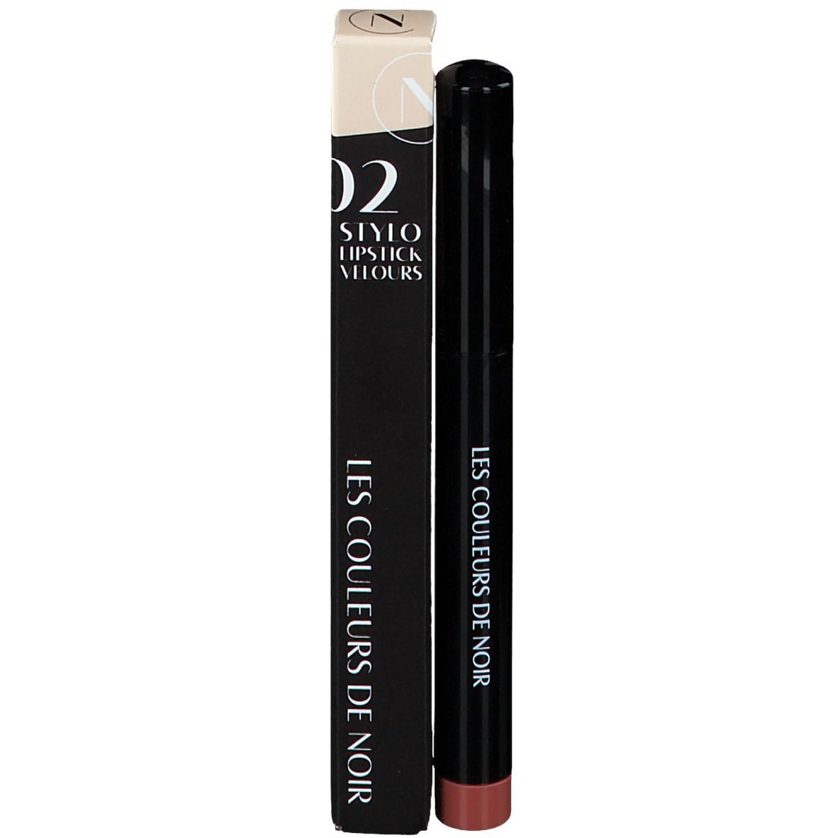 Lippenstift in Stiftform, Farbe: Rosa-Braun. Schwarzer Stift mit Aufschrift LES COULEURS DE NOIR.