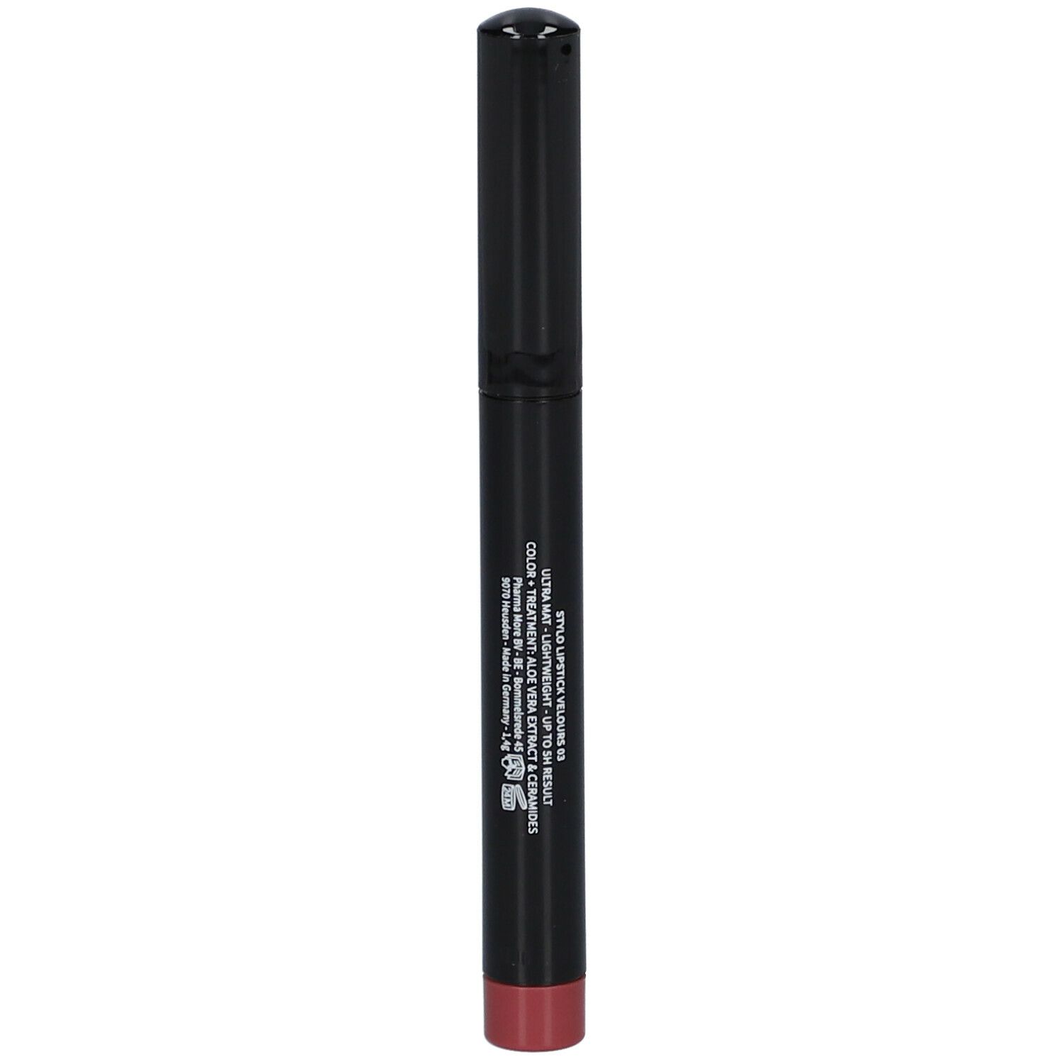 Stylo noir avec informations produit. Inscription : STYLO LIPSTICK VELOURS, Ultra Matt.