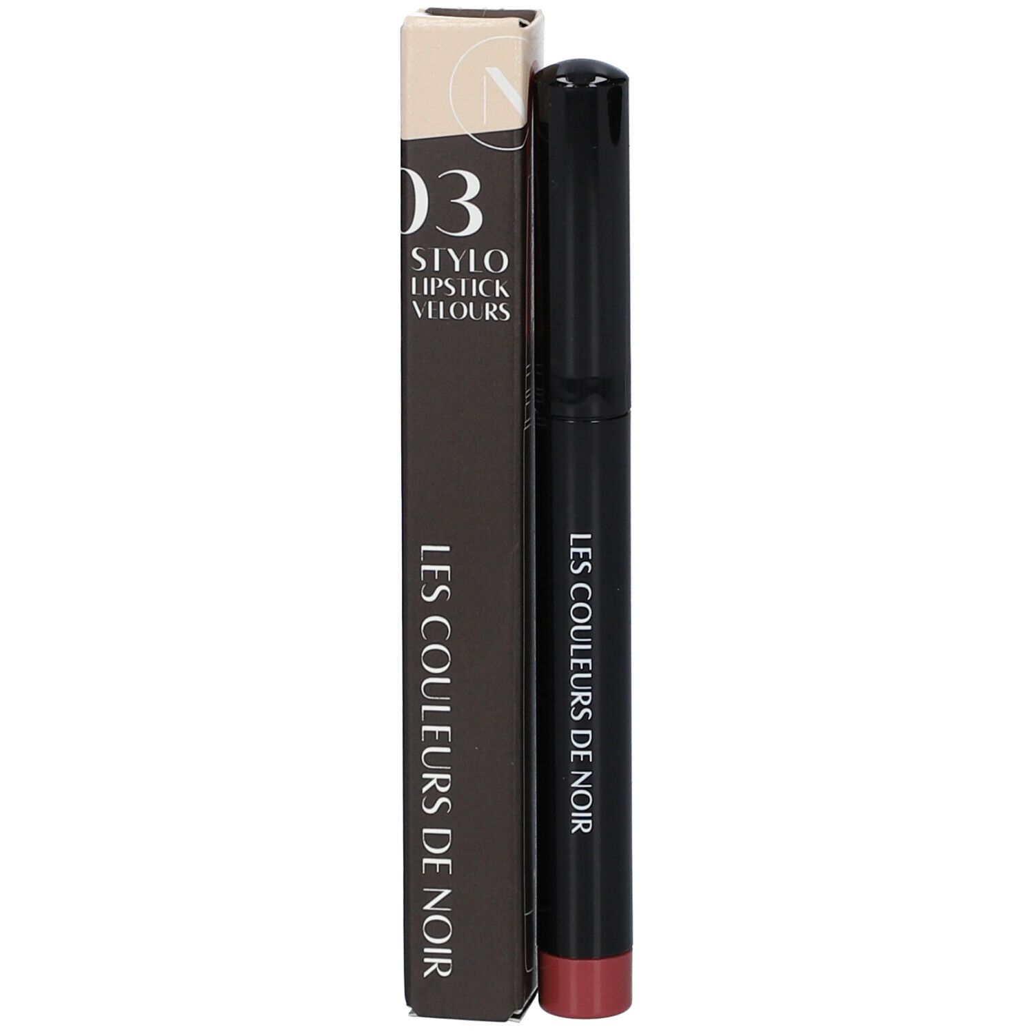 Stylo noir et emballage. Inscription : 03 STYLO LIPSTICK VELOURS, LES COULEURS DE NOIR.
