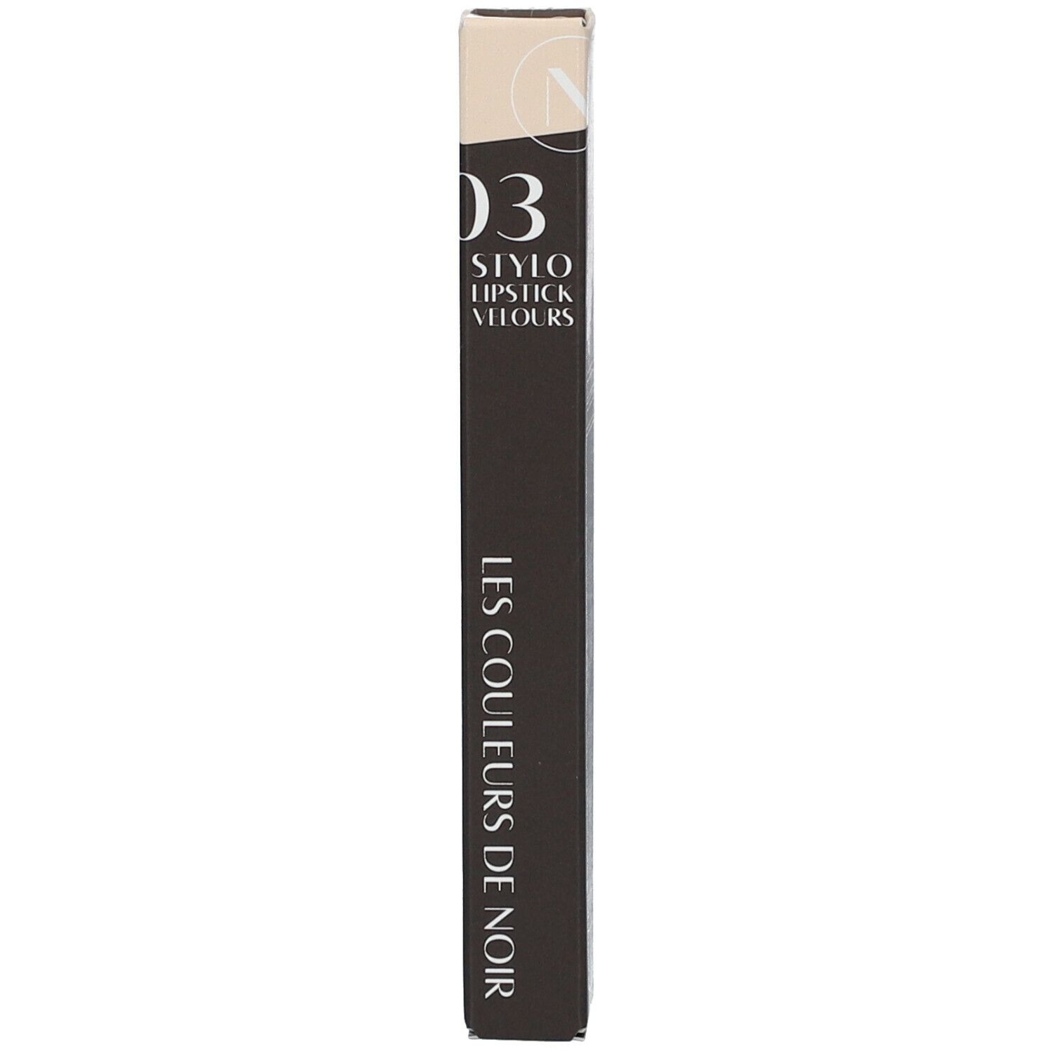 Emballage noir et beige. Inscription : 03 STYLO LIPSTICK VELOURS, LES COULEURS DE NOIR.